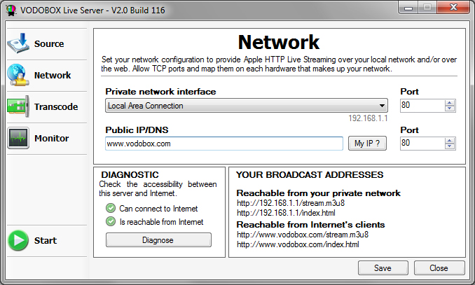 Configurez les interfaces reseau du logiciel VODOBOX Live Server