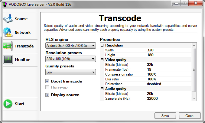 Reglez la qualite de diffusion video du logiciel VODOBOX Live Server